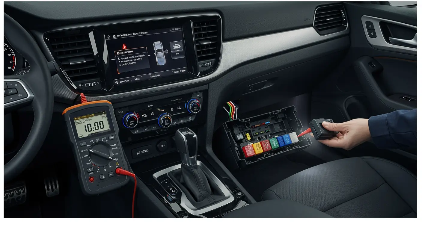 Imaginea prezintă interiorul unei mașini, evidențiind panoul de bord și componentele electrice, pentru a ilustra subiectul despre cauzele și soluțiile pentru accesoriile electrice din interiorul mașinii care nu funcționează.