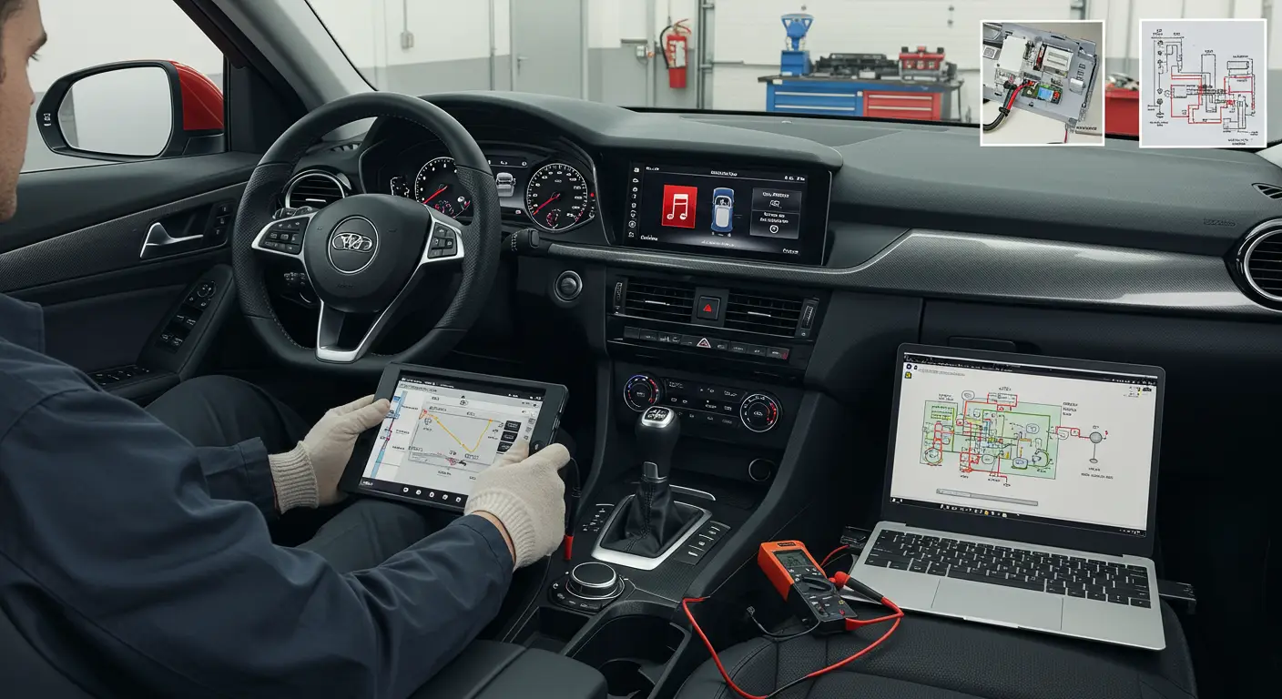 Imaginea prezintă interiorul unui autoturism, cu un șofer încercând să pornească sistemul de navigație și climatizare, dar acestea sunt nefuncționale; unelte și un manual de reparații sunt așezate pe scaunul din dreapta, sugerând că se caută soluții pentru probleme electrice.