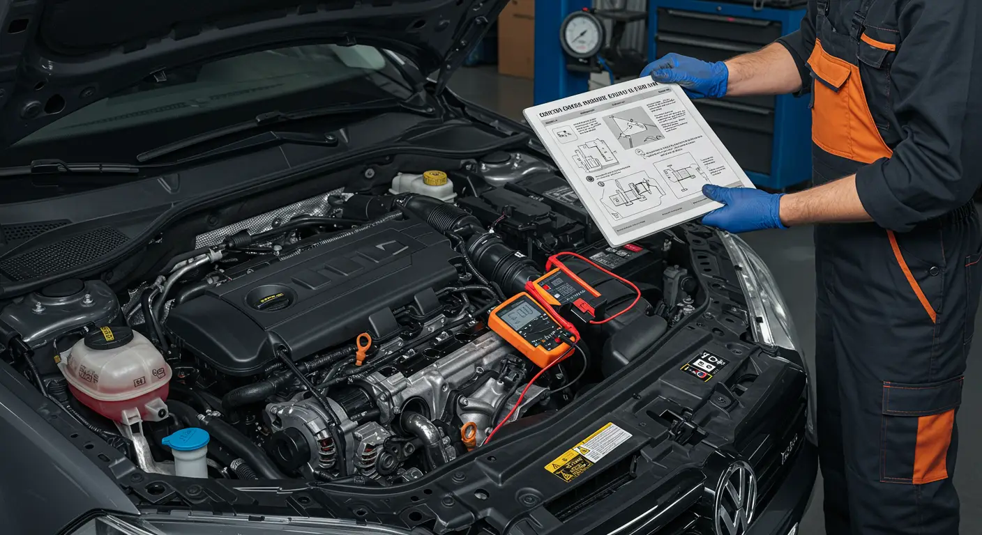 Imaginea prezintă o persoană verificând funcționalitatea supapei EGR într-un motor diesel, cu uneltele necesare și componentele motorului vizibile, ilustrând pașii de inspecție și diagnosticare.