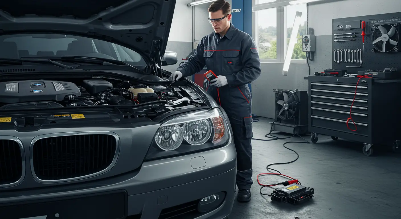 Imaginea prezintă o persoană verificând și reparând farurile Xenon (HID) ale unei mașini, cu unelte și componente de iluminat auto așezate pe un banc de lucru.