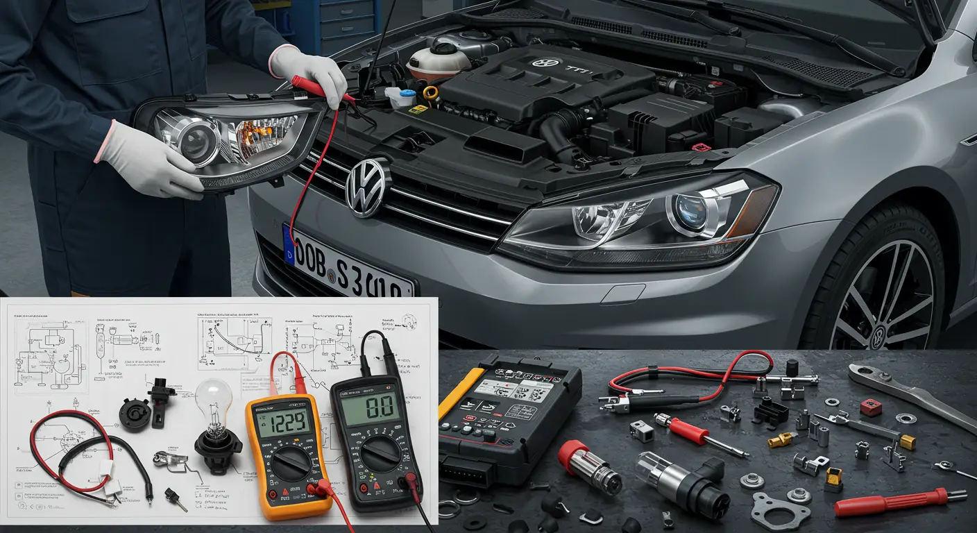 Imaginea prezintă un automobil cu faruri pâlpâitoare, ilustrând cauze comune și soluții pentru această problemă, precum conexiuni electrice slabe sau alternator defect.