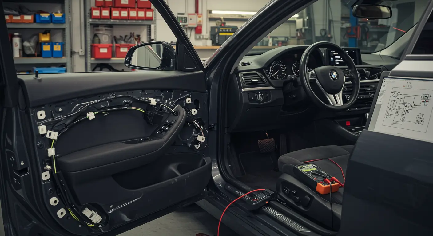 Imaginea prezintă un automobil cu geamuri electrice, accentuând un comutator de fereastră defect, ilustrat printr-o fereastră care nu se ridică complet, sugerând simptomele și soluțiile potențiale pentru diagnosticarea unei probleme cu comutatorul de geam.