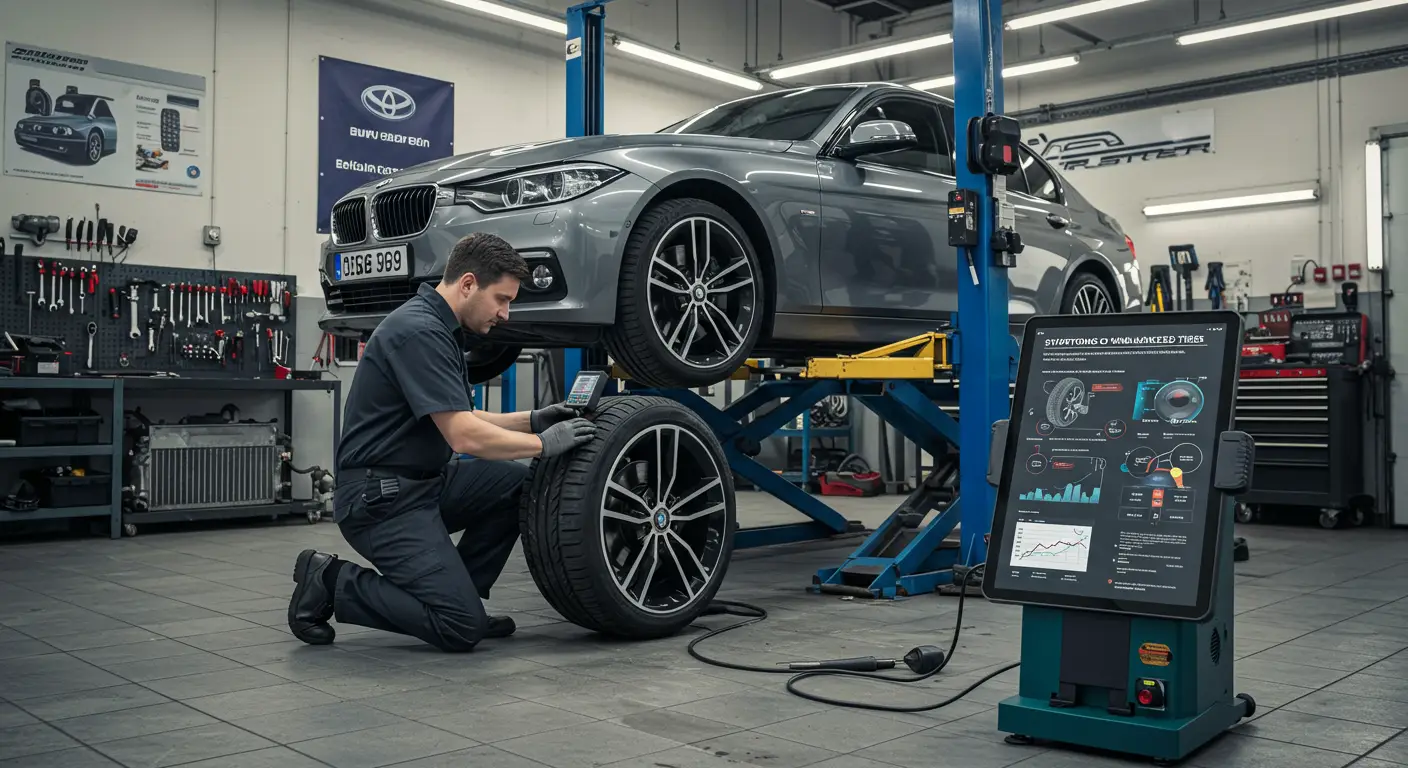 Imaginea prezintă un automobil cu o roată ridicată pe cric, în timp ce un mecanic verifică starea echilibrului anvelopelor, ilustrând simptomele unei uzuri neuniforme și vibratii resimțite la volan din cauza dezechilibrului la roți.