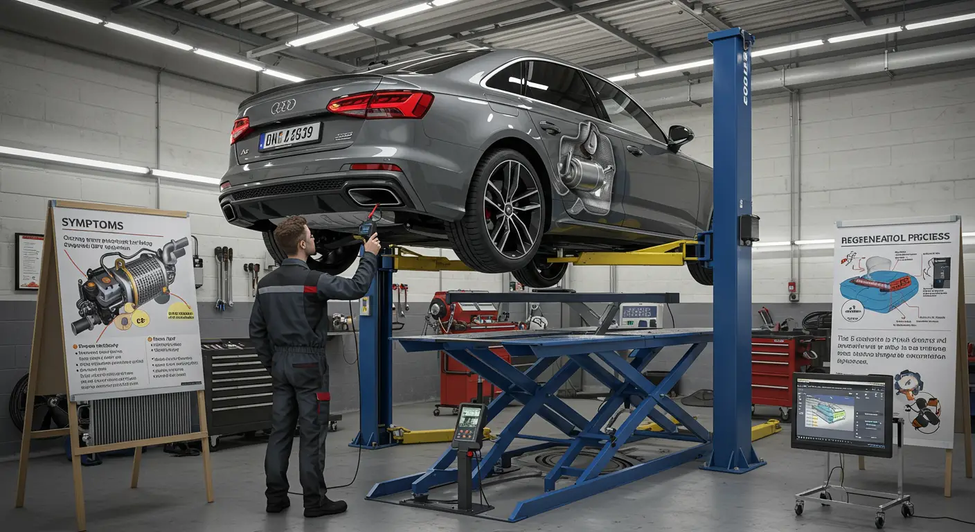 Imaginea prezintă un automobil cu un semn de avertizare pe bord, indicând probleme la filtrul de particule diesel (DPF), iar o persoană verifică manualul de utilizare pentru a înțelege simptomele și procesul de regenerare.