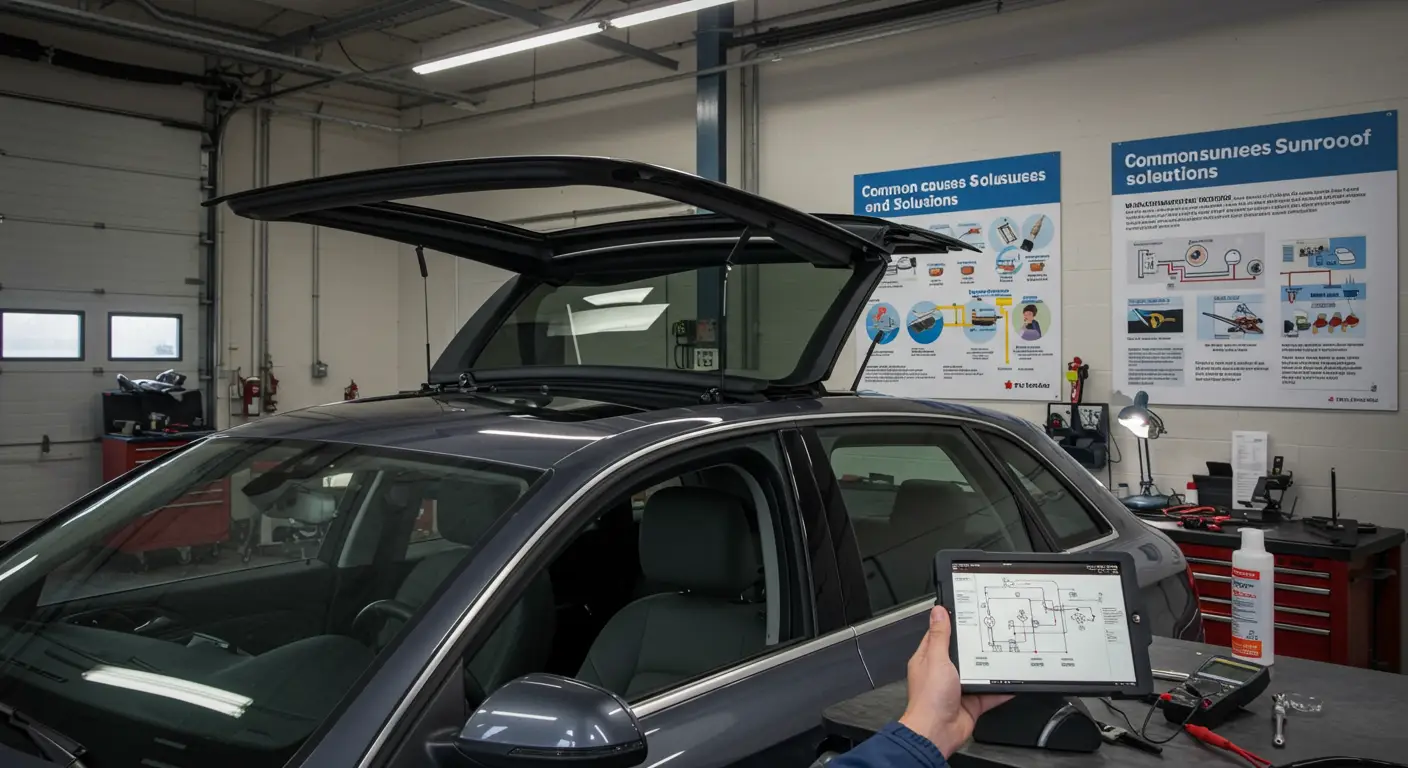Imaginea prezintă un automobil modern cu plafon panoramic deschis, evidențiind potențialele probleme ale trapa, cum ar fi scurgerile de apă sau blocarea mecanismului, împreună cu soluții posibile pentru remedierea acestora.