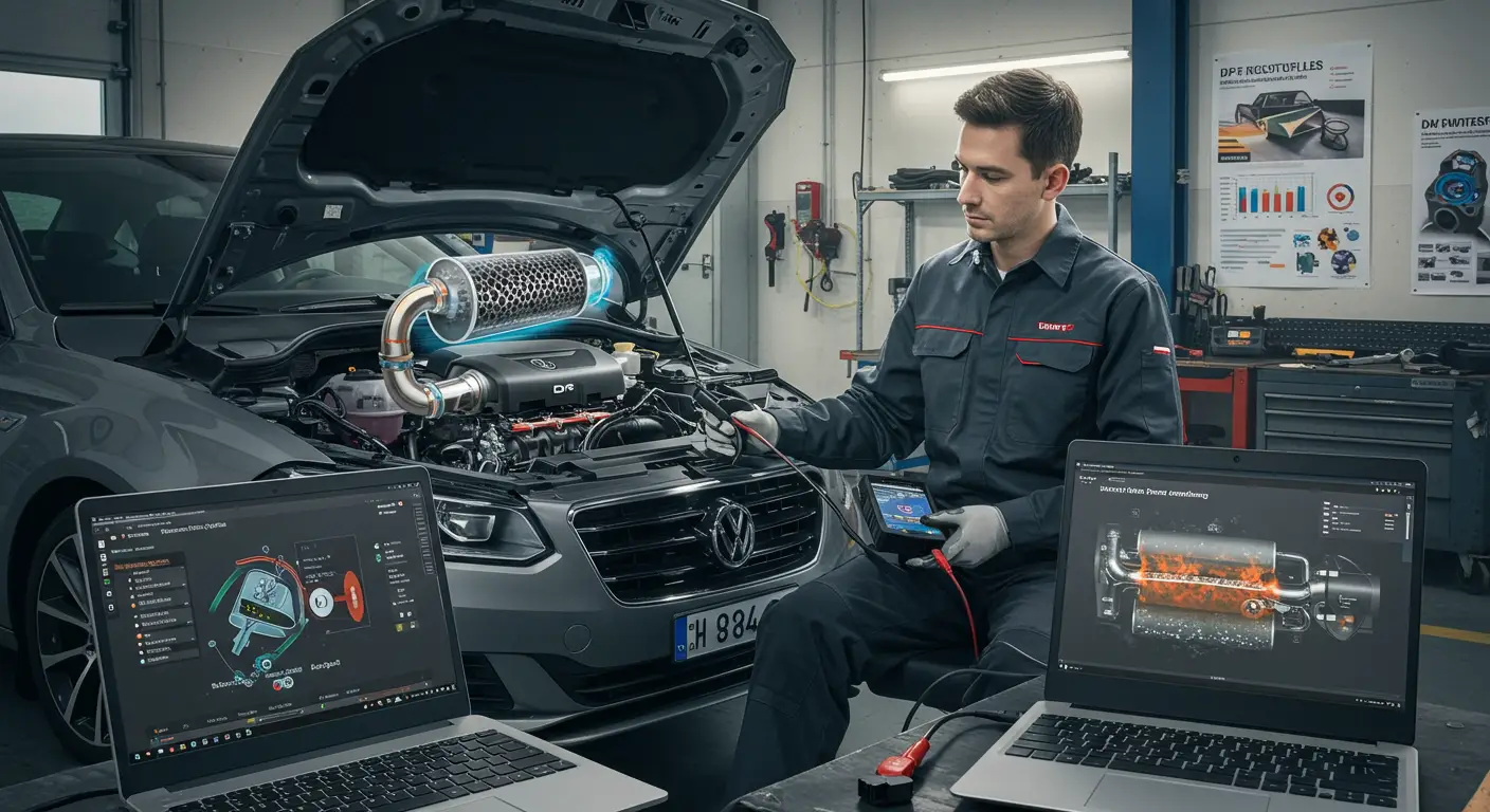 Imaginea prezintă un autovehicul în mișcare, subliniind procesul de regenerare al filtrului de particule diesel (DPF), esențial pentru reducerea emisiilor de noxe.