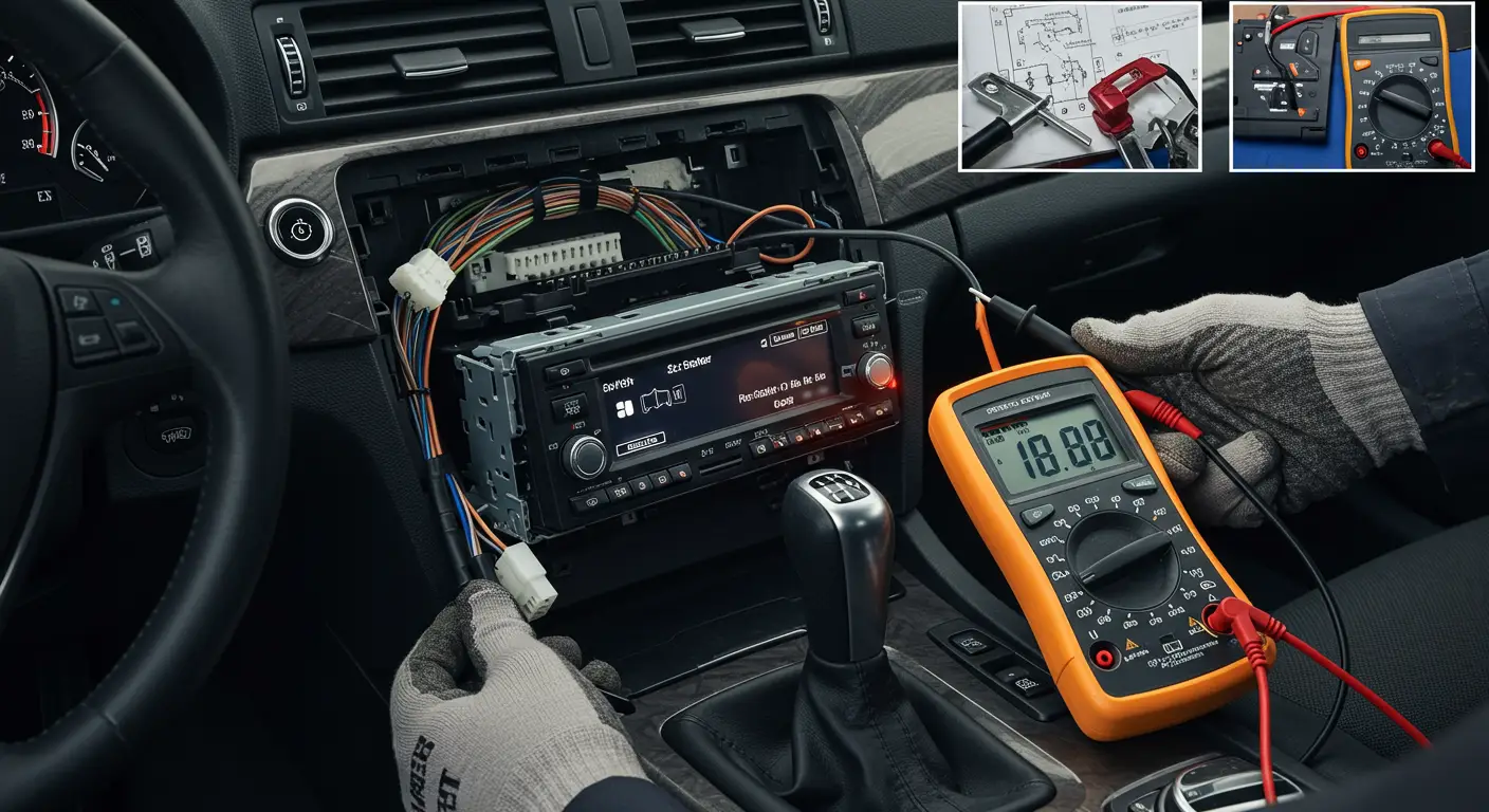 Imaginea prezintă un interior de mașină, concentrându-se pe un sistem audio auto cu ecranul stins, simbolizând probleme comune electrice ale stereo-ului auto și posibile soluții.