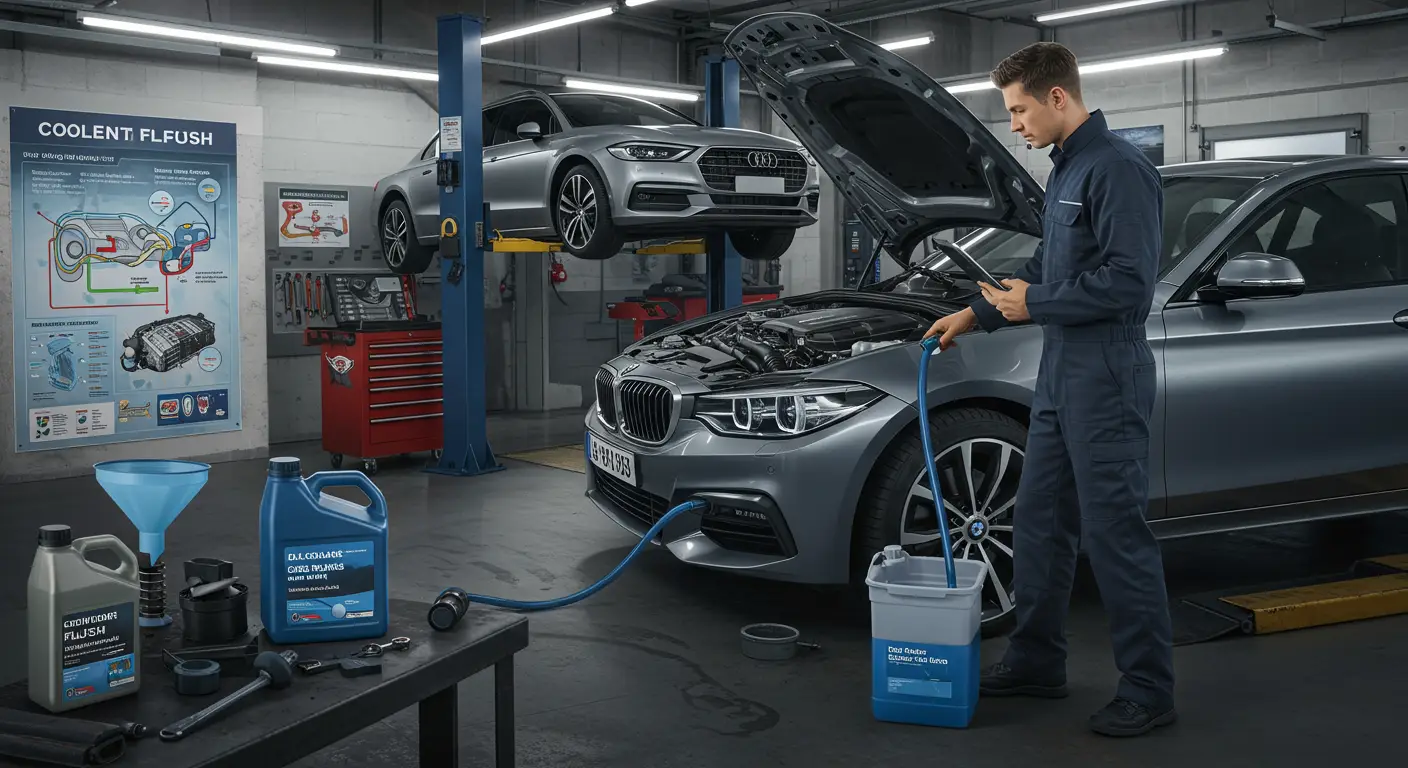 Imaginea prezintă un mecanic auto care efectuează o procedură de spălare a lichidului de răcire, cu un fundal de unelte și echipamente auto, ilustrând importanța întreținerii regulate a sistemului de răcire al mașinii.