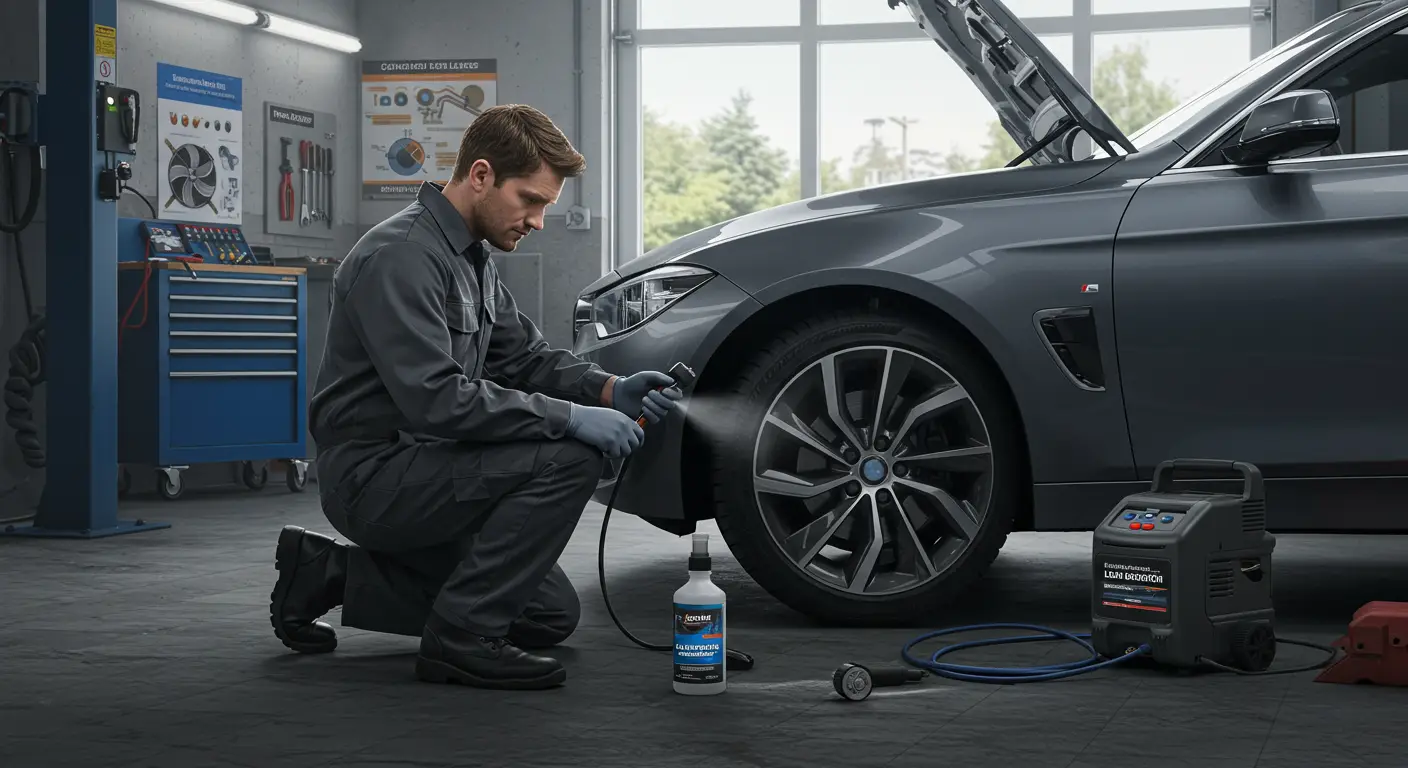 Imaginea prezintă un mecanic auto care examinează o anvelopă pentru a identifica cauzele unei pierderi lente de aer, folosind un spray cu apă și săpun pentru a detecta eventualele scurgeri de aer.