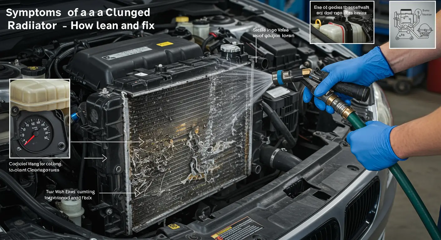 Imaginea prezintă un mecanic auto care examinează un radiator de mașină, subliniind simptomele unui radiator înfundat și cum să îl cureți și să îl repari. Un set de instrumente este vizibil în partea laterală, sugerând un proces de întreținere.