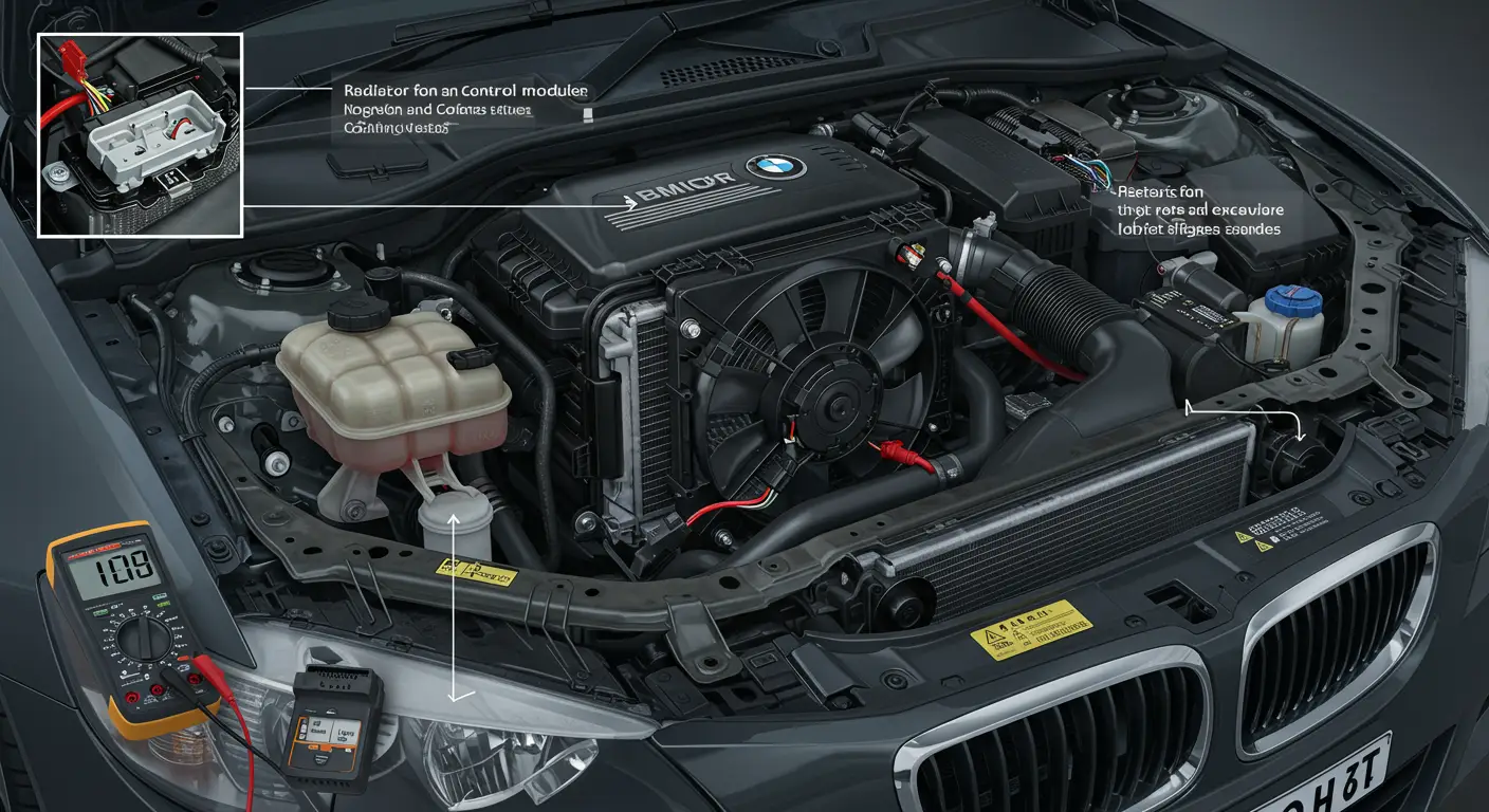 Imaginea prezintă un mecanic auto care folosește un multimetru pentru a verifica modulul de control al ventilatorului radiatorului unei mașini, în timp ce mașina este parcată într-un atelier auto.