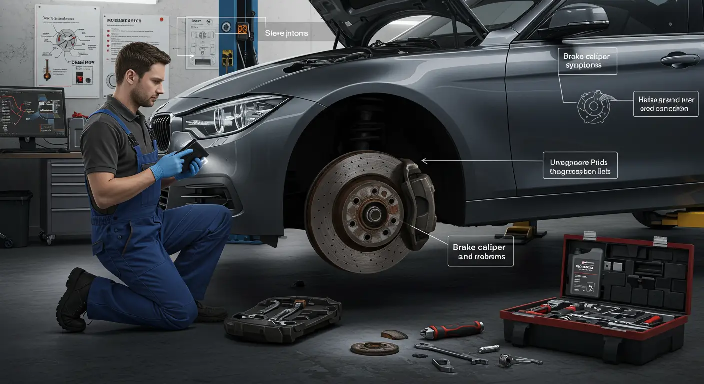 Imaginea prezintă un mecanic auto care inspectează etrierul de frână al unui autovehicul, ilustrând problemele comune ale etrierelor de frână, simptomele, diagnosticul și soluțiile posibile pentru remedierea acestora.