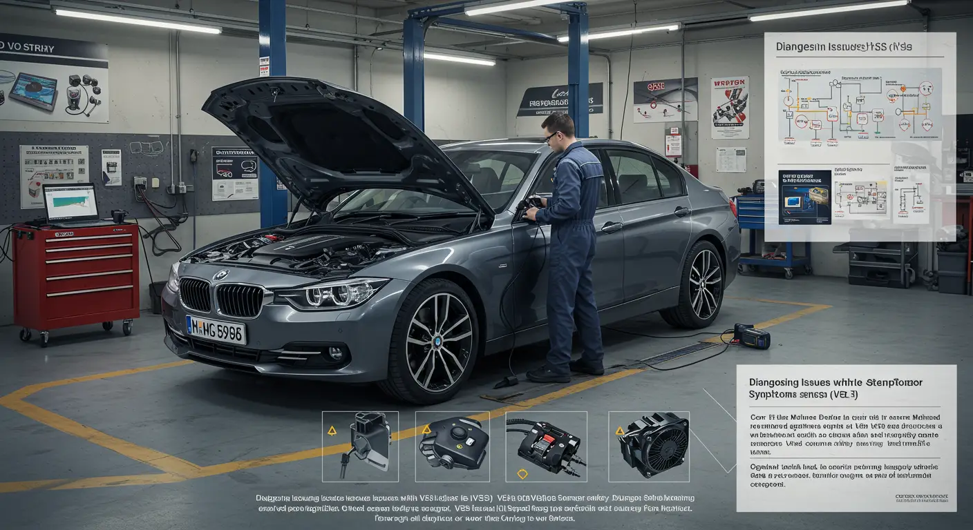 Imaginea prezintă un mecanic auto care inspectează senzorul de viteză al vehiculului, evidențiind simptomele comune ale defecțiunilor, cum ar fi vitezometrul nefuncțional și soluțiile posibile pentru remediere.