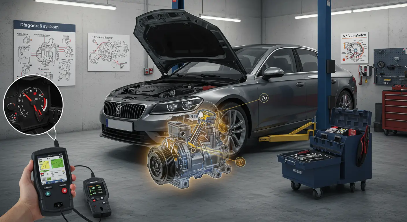 Imaginea prezintă un mecanic auto care inspectează și lucrează la compresorul sistemului de aer condiționat al unei mașini, în contextul diagnosticării și înlocuirii acestuia.