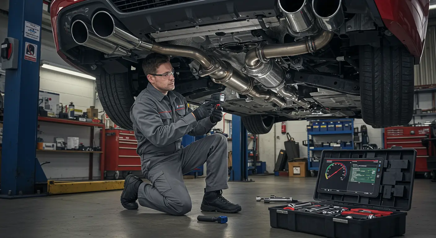 Imaginea prezintă un mecanic auto care inspectează și repară o țeavă flexibilă de eșapament deteriorată, folosind uneltele corespunzătoare într-un atelier auto.