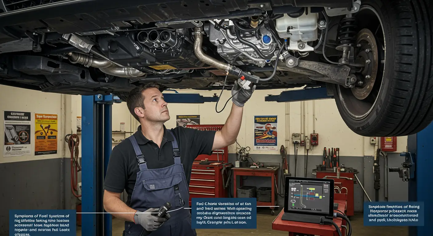 Imaginea prezintă un mecanic auto care inspectează sistemul de alimentare al unei mașini pentru a identifica posibile scurgeri de aer, cu unelte și componente ale motorului vizibile în prim-plan.