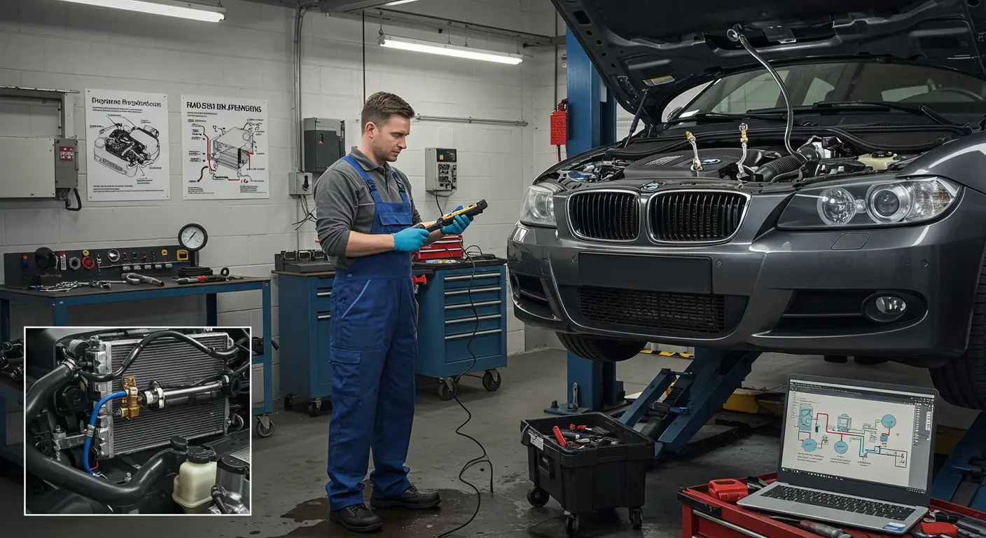 Imaginea prezintă un mecanic auto care inspectează sistemul de alimentare cu combustibil al unei mașini, ilustrând probleme comune ale conductelor de combustibil, cum ar fi scurgerile și blocajele, și modul de remediere a acestora.