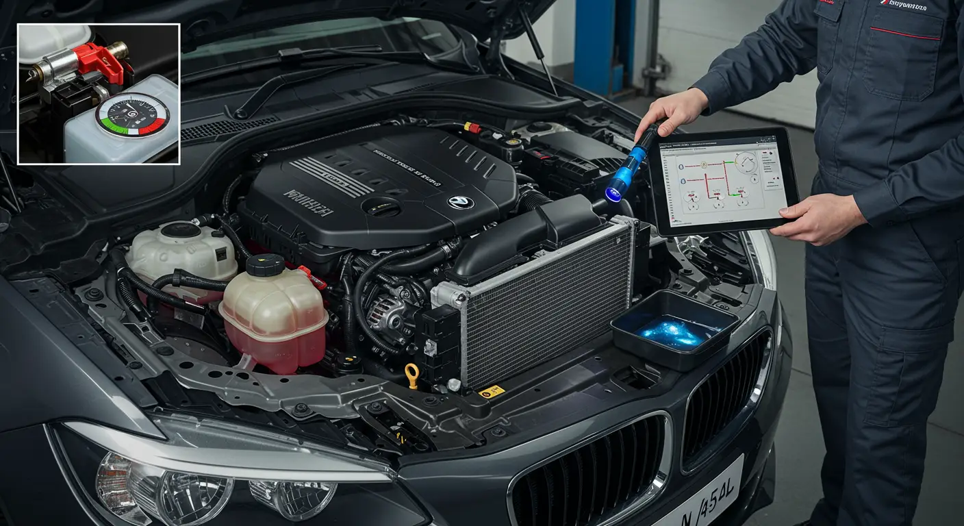 Imaginea prezintă un mecanic auto care inspectează sistemul de răcire al unui motor, utilizând un termometru infraroșu pentru a diagnostica problemele de performanță ale motorului.