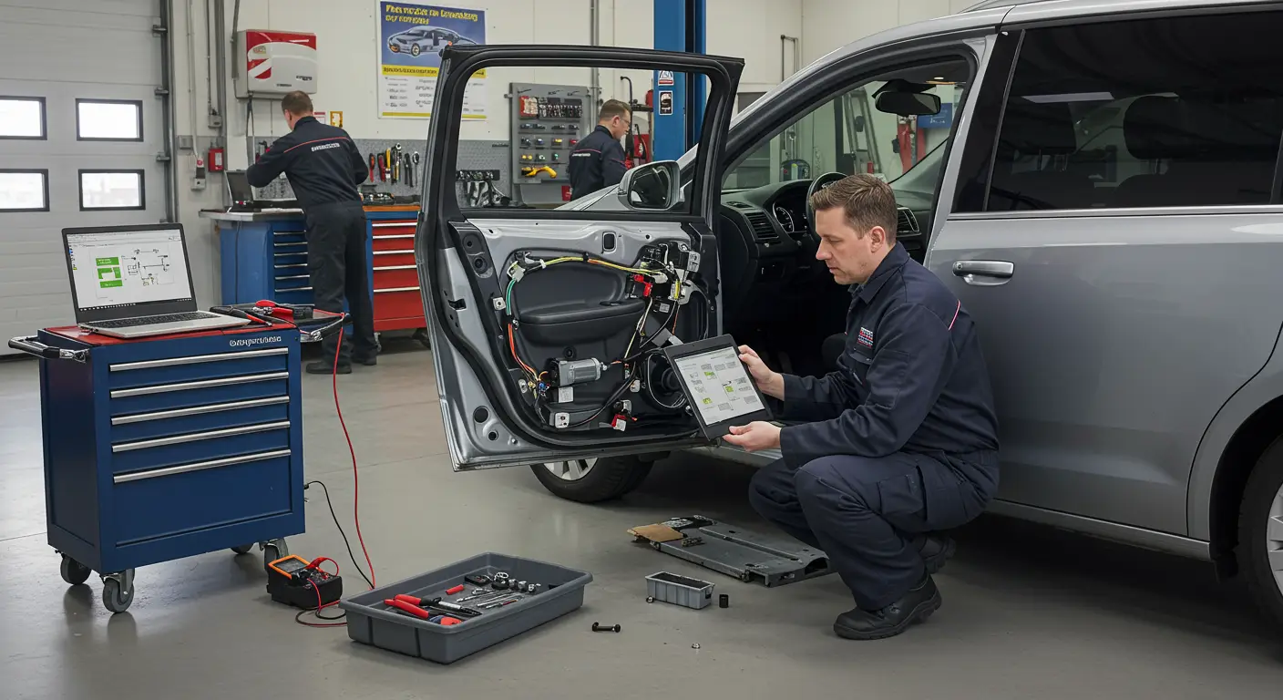 Imaginea prezintă un mecanic auto care inspectează sistemul electronic al unei uși glisante automate, evidențiind unelte și piese de schimb utilizate pentru diagnosticarea și repararea unei defecțiuni comune.