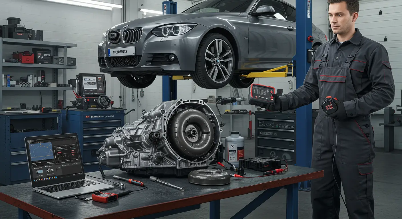 Imaginea prezintă un mecanic auto care inspectează un convertizor de cuplu defect într-un atelier, simbolizând problemele și simptomele comune ale convertizorului, cum ar fi alunecarea transmisiei și zgomotele neobișnuite.