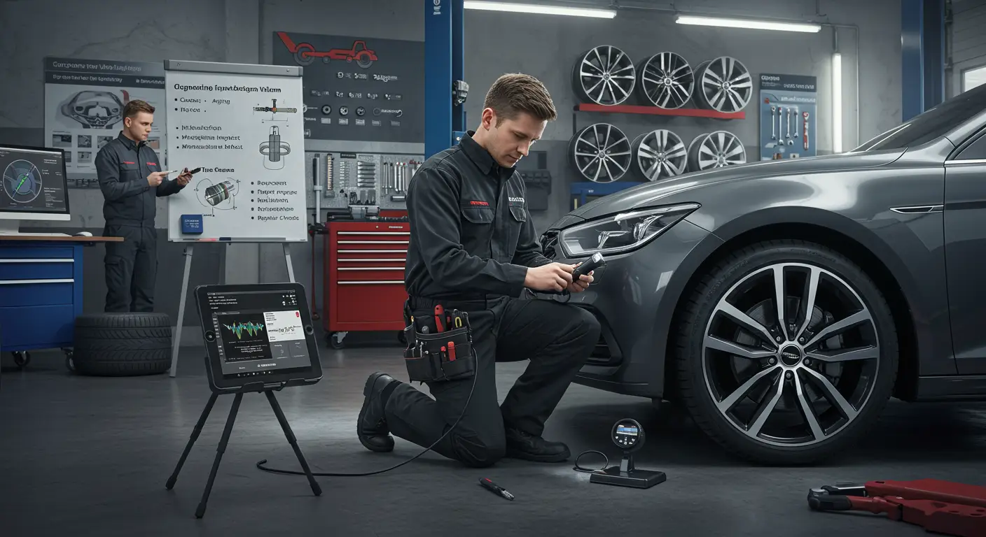 Imaginea prezintă un mecanic auto care inspectează un tulpină de supapă a unei anvelope, utilizând uneltele necesare pentru a diagnostica posibile defecțiuni sau daune, pe fundalul unui atelier auto bine echipat.