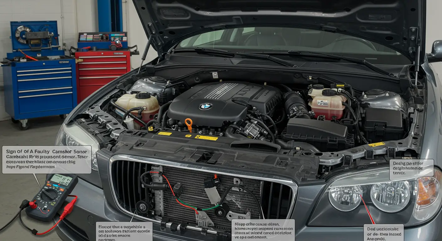 Imaginea prezintă un mecanic auto care testează senzorul de poziție al arborelui cu came al unei mașini, utilizând un multimetru pentru a verifica funcționalitatea acestuia și pentru a decide dacă este necesară înlocuirea.