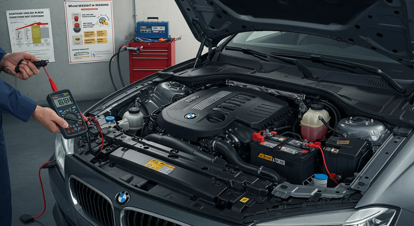 Imaginea prezintă un mecanic auto care verifică bateria unei mașini, subliniind semnele ce indică necesitatea înlocuirii acesteia, precum pornirea dificilă a motorului și iluminarea slabă a farurilor.