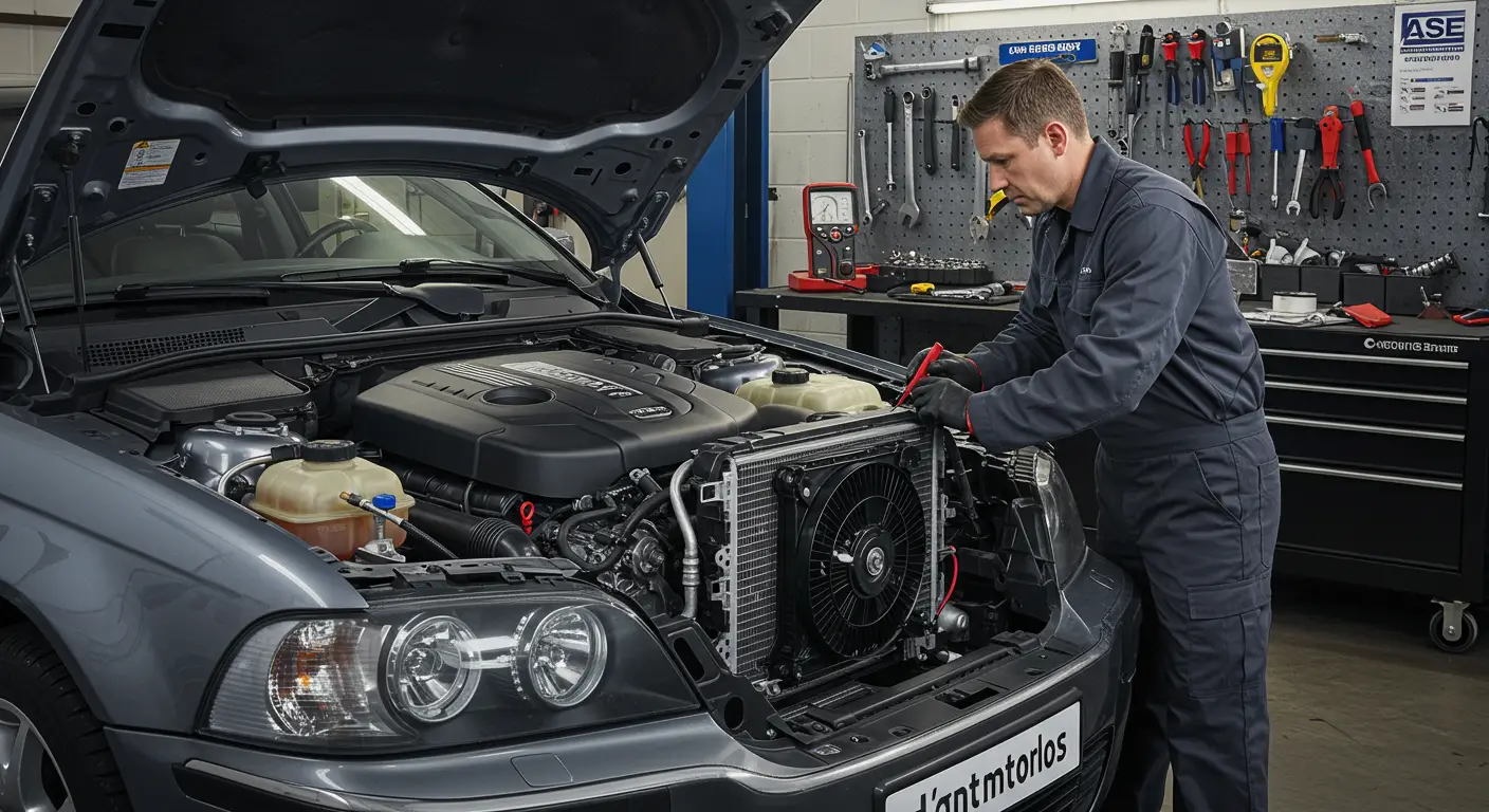 Imaginea prezintă un mecanic auto care verifică motorul ventilatorului sistemului de climatizare al unei mașini, utilizând un multimetru pentru a evalua funcționarea acestuia și a identifica eventualele probleme.