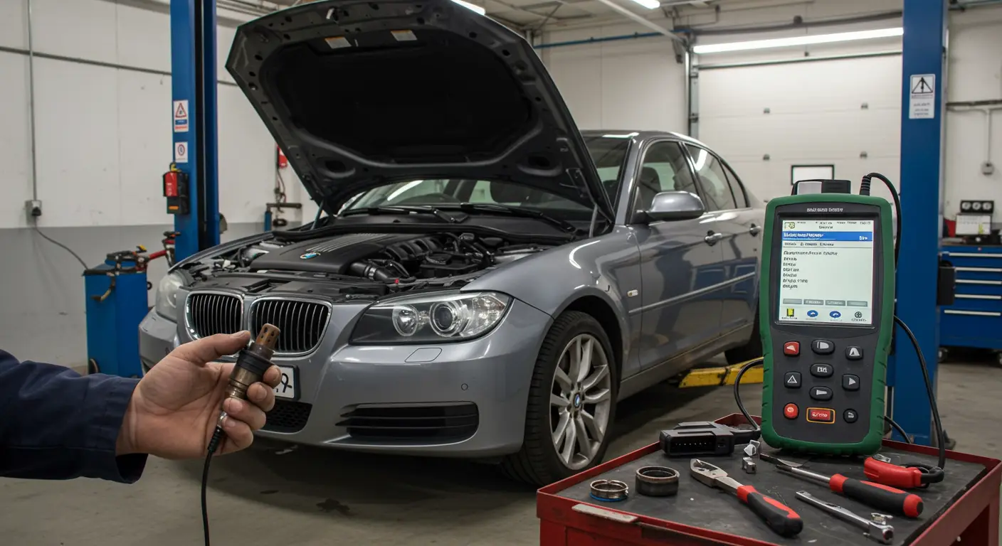 Imaginea prezintă un mecanic auto diagnosticând o mașină pentru senzori de oxigen defecți, evidențiind simptome, metode de testare și necesitatea înlocuirii acestora.
