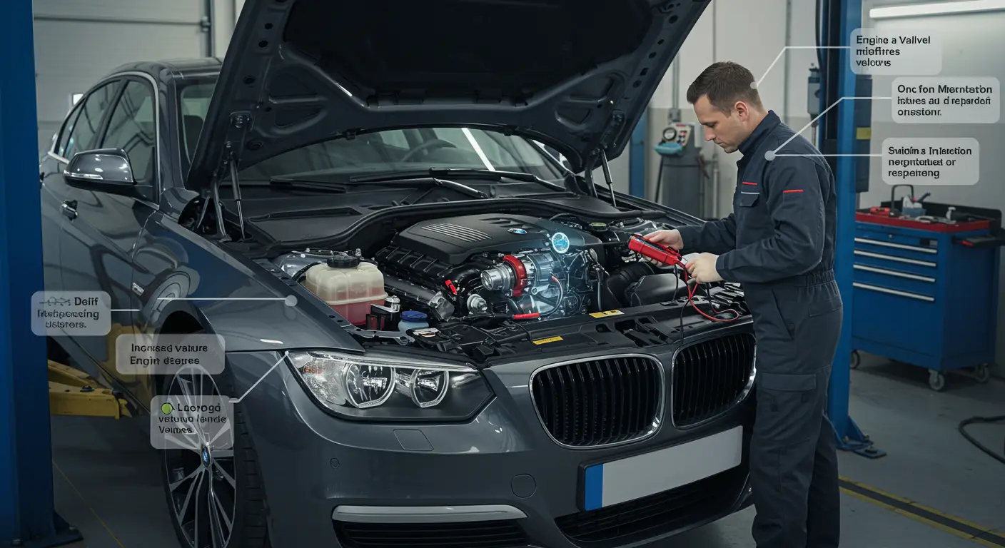 Imaginea prezintă un mecanic auto diagnosticând simptomele unei pompe de injecție de aer defecte, cu unelte de testare și piese de schimb pe o masă dintr-un atelier auto.