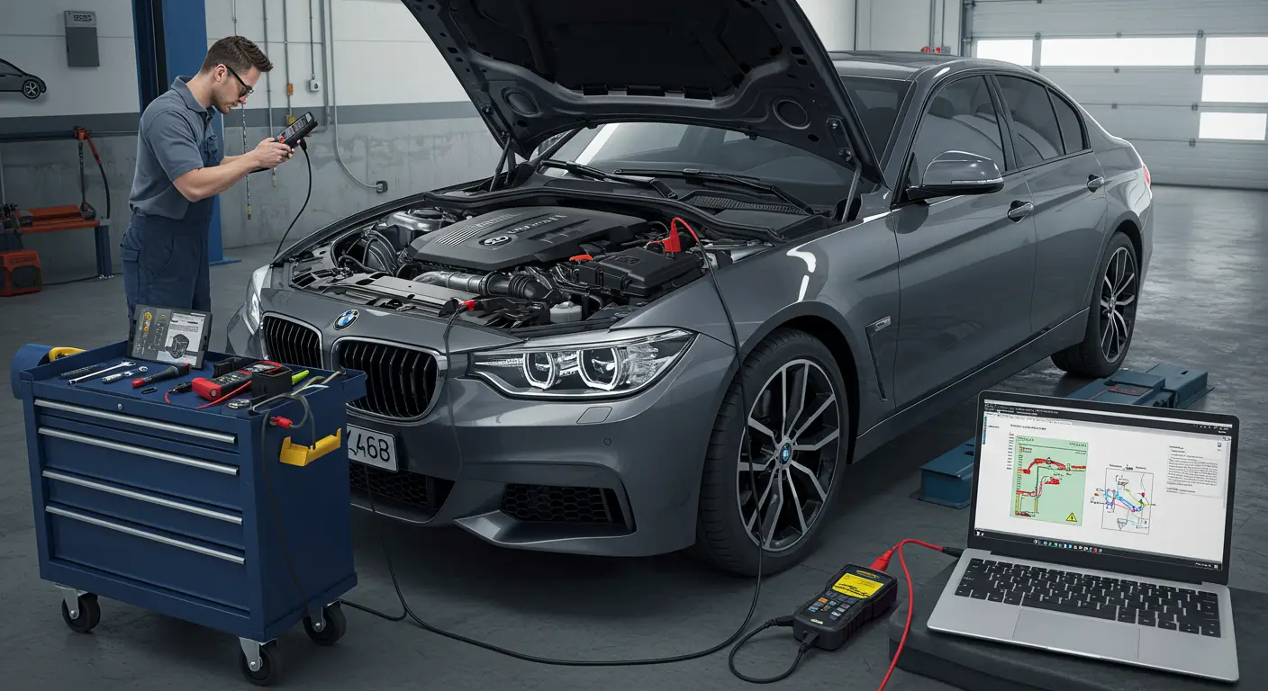 Imaginea prezintă un mecanic auto diagnosticând un vehicul pentru simptome de modul de control al transmisiei (TCM) defectuos, cum ar fi schimbări de viteze neregulate și lumina de verificare a motorului aprinsă, în cadrul unui atelier auto.