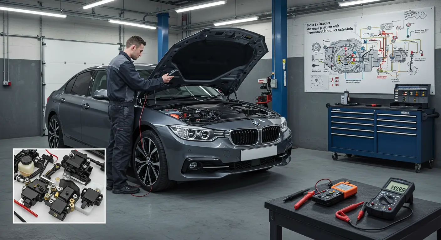 Imaginea prezintă un mecanic auto examinând componentele unei transmisii automate, concentrându-se pe solenoizii de control pentru a identifica eventualele probleme, cu unelte și manuale de reparații vizibile în fundal.