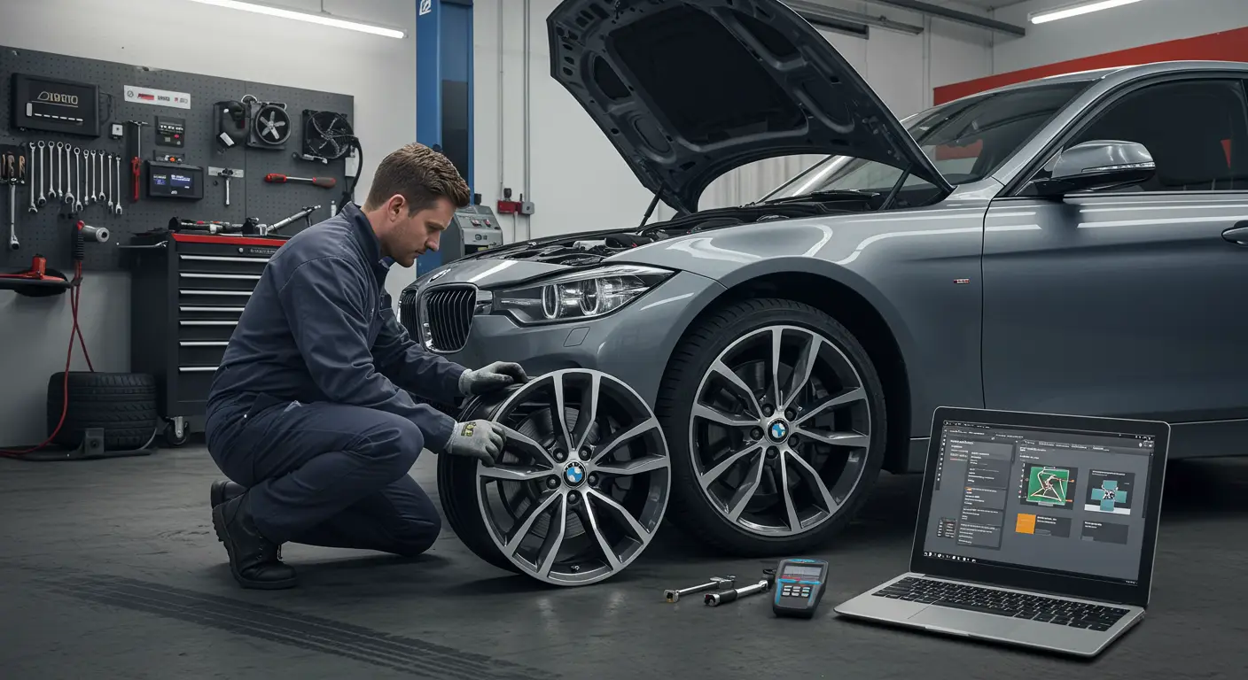 Imaginea prezintă un mecanic auto examinând o jantă deteriorată, încercând să decidă dacă trebuie reparată sau înlocuită, cu unelte de atelier și echipamente de diagnosticare în fundal.