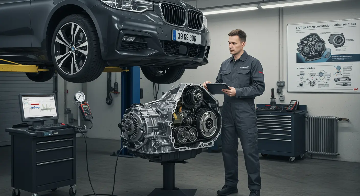 Imaginea prezintă un mecanic auto examinând o transmisie CVT demontată, cu unelte speciale alături și componente interne expuse, pentru a identifica și remedia posibile defecte.