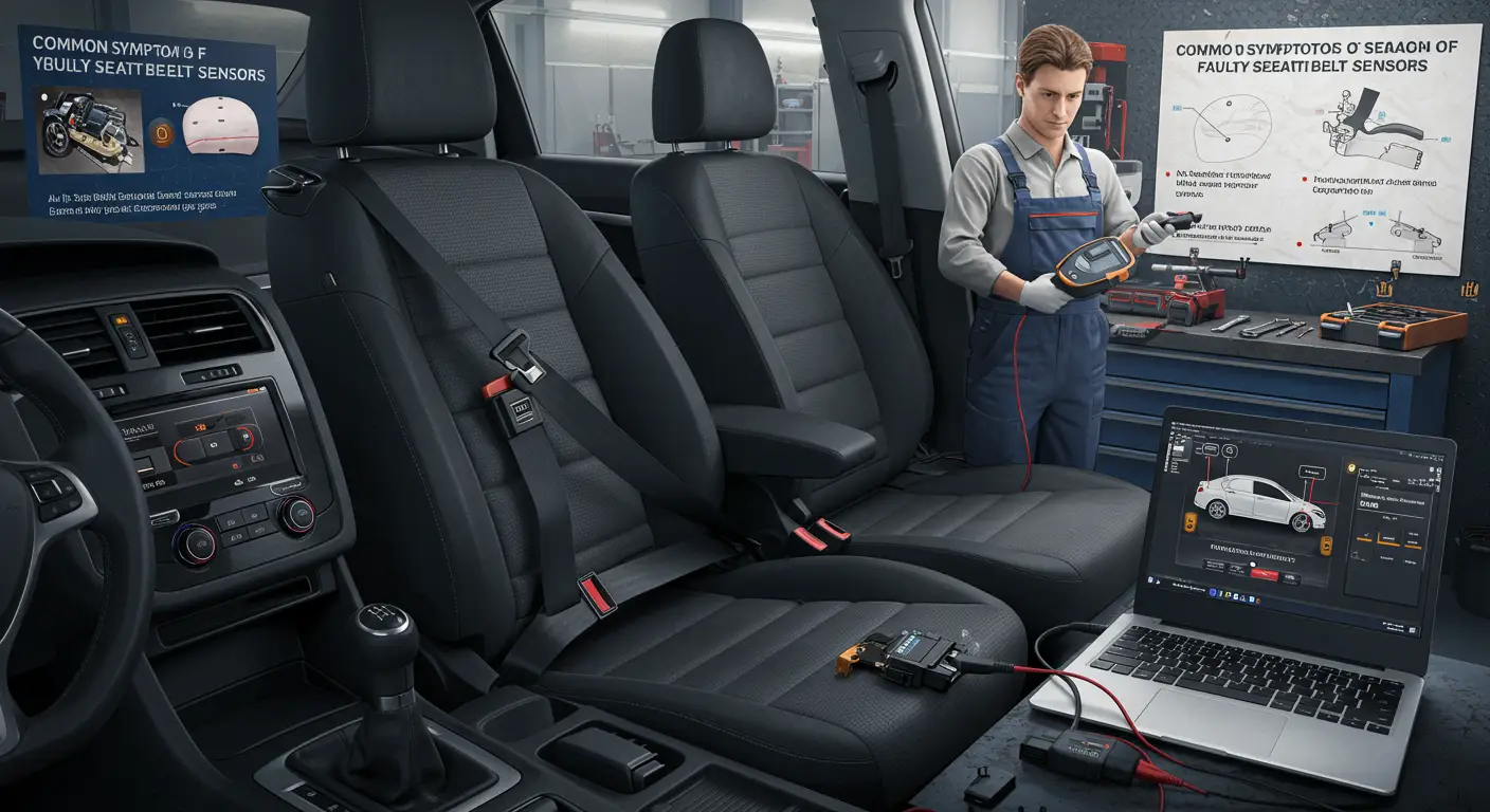 Imaginea prezintă un mecanic auto examinând un senzor de centură de siguranță defect, cu un laptop diagnostic în mâini, ilustrând simptomele și diagnosticarea problemelor senzorului de centură de siguranță la mașini.