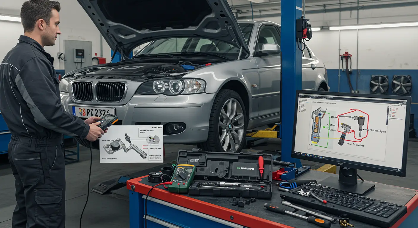 Imaginea prezintă un mecanic auto folosind un multimetru pentru a testa un senzor de oxigen (O2) pe un motor, cu un set de unelte așezat lângă acesta pentru a ilustra procesul de înlocuire a senzorului.