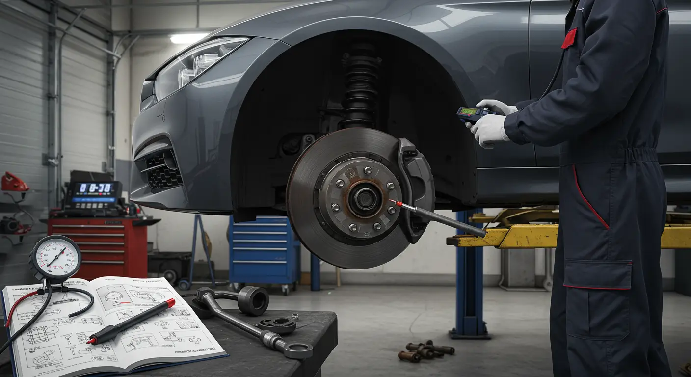 Imaginea prezintă un mecanic auto inspectând cu atenție un rulment de roată al unei mașini, ilustrând semnele unui rulment defect și modul de diagnosticare și reparare a acestuia.