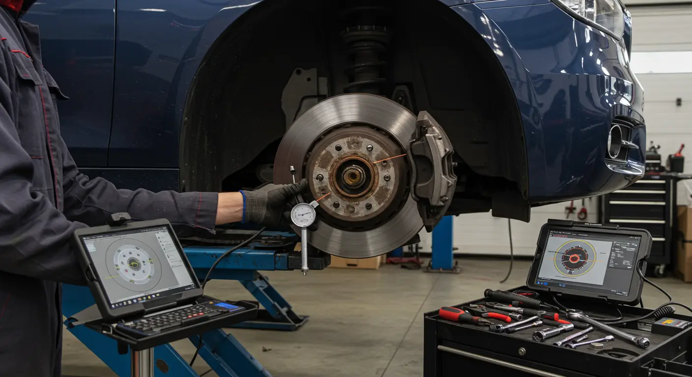 Imaginea prezintă un mecanic auto inspectând discurile de frână ale unei mașini într-un atelier, examinând posibilele cauze ale pulsației pedalei de frână și modul de remediere a acestei probleme.