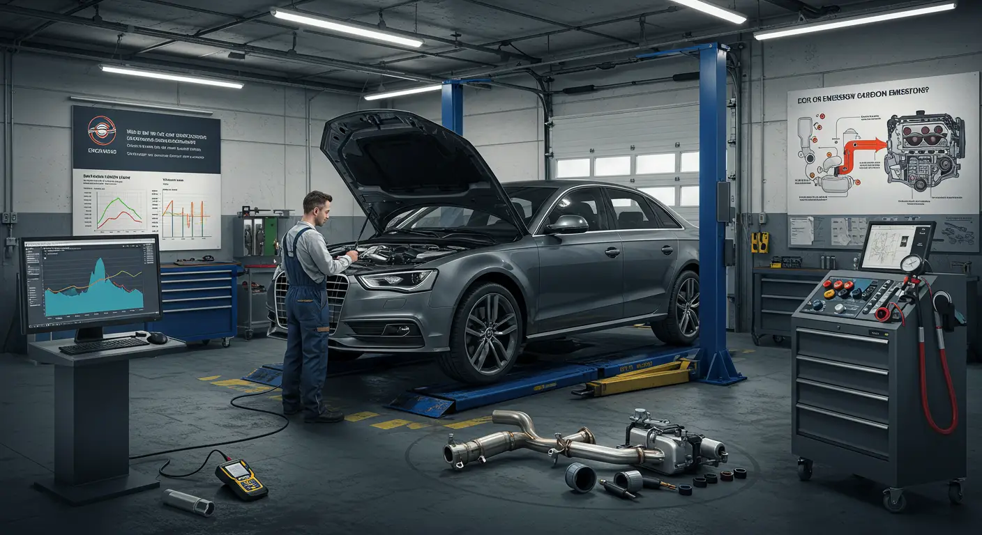 Imaginea prezintă un mecanic auto inspectând motorul unei mașini în cadrul unui atelier, subliniind preocupările legate de emisiile excesive de carbon și posibilele soluții pentru această problemă.