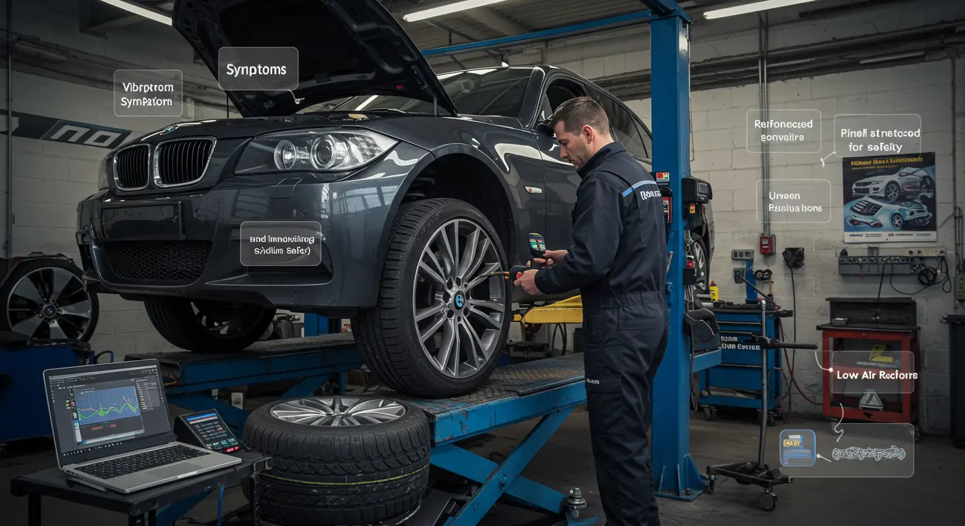 Imaginea prezintă un mecanic auto inspectând o anvelopă run-flat, cu diverse unelte de diagnosticare alături, ilustrând simptomele și metodele de reparare a problemelor acestor anvelope.
