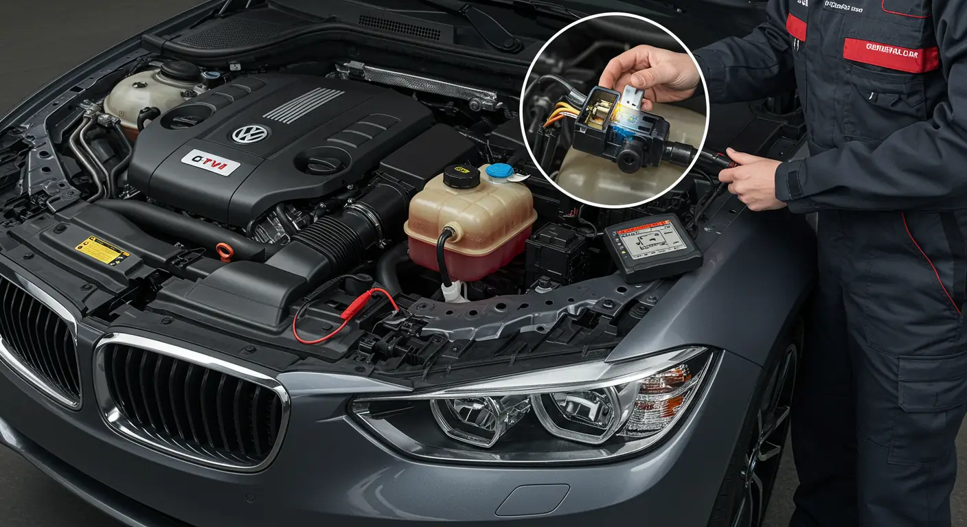 Imaginea prezintă un mecanic auto inspectând senzorul de nivel al lichidului de răcire al unei mașini, cu unelte de diagnosticare pe o masă din apropiere, ilustrând semnele și procesul de reparare a unui senzor defect.