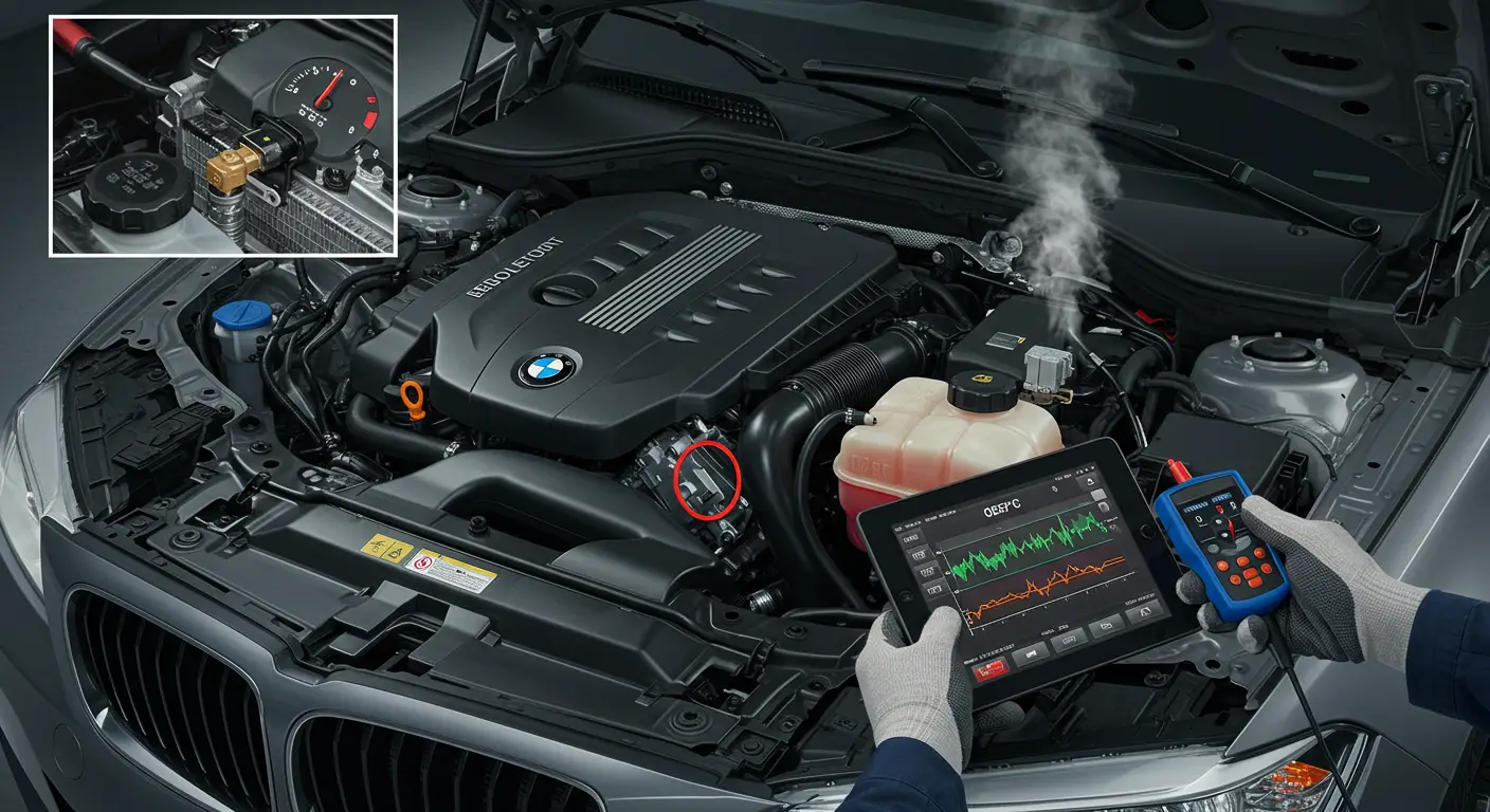 Imaginea prezintă un mecanic auto inspectând senzorul de temperatură al lichidului de răcire al unui motor, subliniind simptomele și diagnosticul defecțiunilor senzorului.