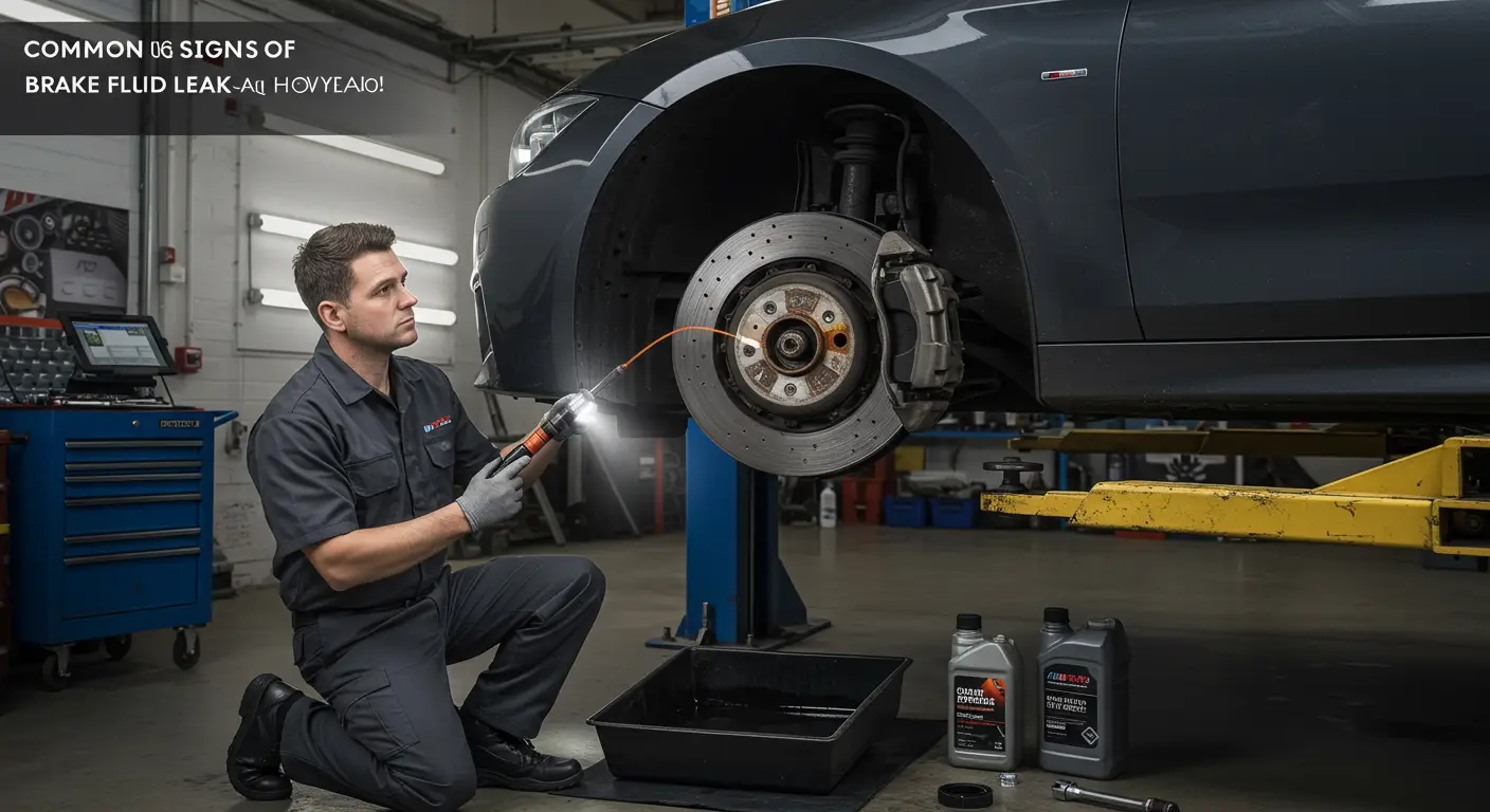 Imaginea prezintă un mecanic auto inspectând sistemul de frânare al unei mașini, cu accent pe scurgerile de lichid de frână, alături de unelte și componente auto utilizate pentru a remedia problema.
