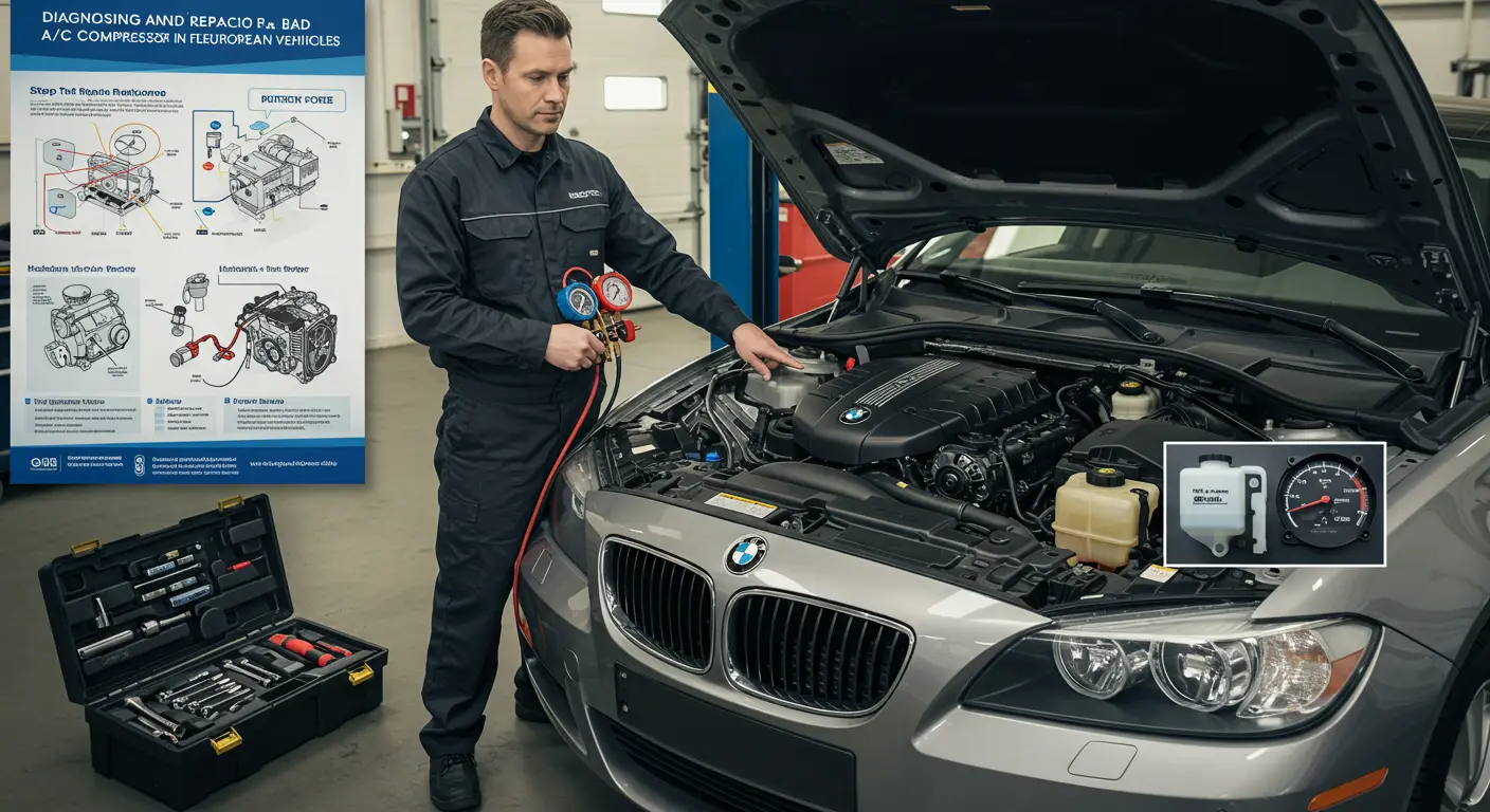 Imaginea prezintă un mecanic auto inspectând un compresor de aer condiționat în compartimentul motorului unei mașini, ilustrând simptomele unui compresor defect și pașii pentru diagnosticare și înlocuire.