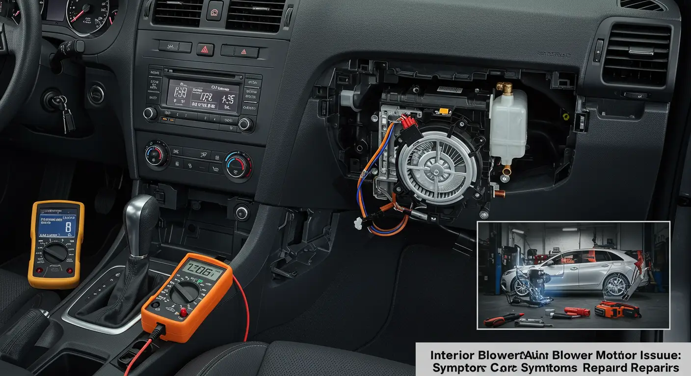 Imaginea prezintă un mecanic auto inspectând un motor al ventilatorului interior al unei mașini, cu unelte și piese de schimb pe o masă din apropiere, ilustrând simptomele și reparațiile problemelor motorului ventilatorului interior.