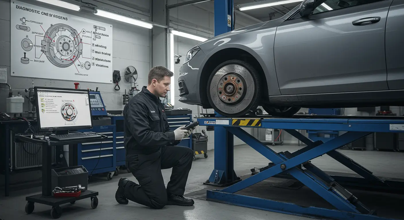Imaginea prezintă un mecanic auto inspectând un tambur de frână uzat, cu semne de fisuri și rugină, ilustrând problemele frecvente ale tamburilor de frână și posibilele reparații.