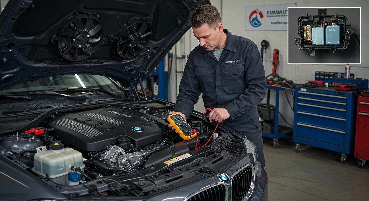 Imaginea prezintă un mecanic auto verificând releul ventilatorului de răcire al unui motor, ilustrând procesul de diagnosticare și reparare a semnelor de defecțiune ale acestuia.