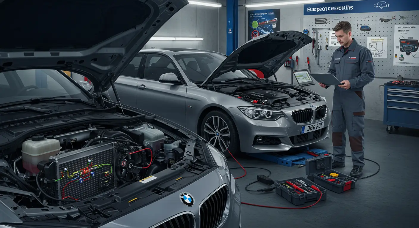 Imaginea prezintă un mecanic auto verificând senzorii unui motor de mașină, ilustrând problema intermitentă a senzorilor și procesul de diagnosticare și reparare necesar pentru a rezolva aceste defecțiuni.