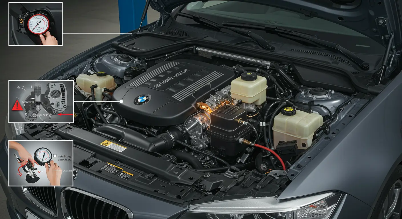 Imaginea prezintă un mecanic auto verificând sistemul de frânare al unei mașini, concentrându-se pe simptomele și testarea defecțiunii servofrânei, cu unelte dispuse pe un banc de lucru în fundal.