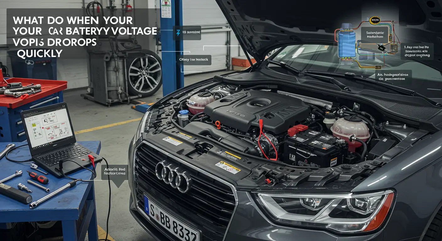 Imaginea prezintă un mecanic auto verificând tensiunea unei baterii auto folosind un multimetru, ilustrând procesul de diagnosticare a unei baterii care își pierde rapid tensiunea.